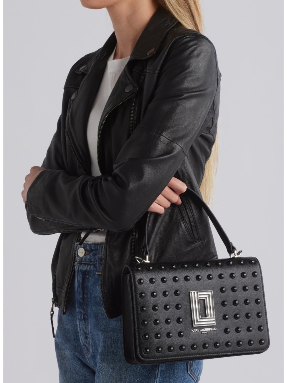 The Karl Lagerfeld Paris Simone Studded Top Handle Leather Bag - Black